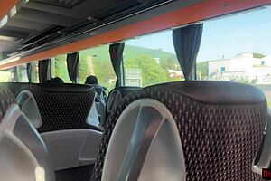 crazy guy pulls out his huge cock on a public bus but this cute girl helps him cum