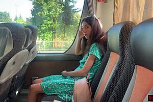 crazy guy pulls out his huge cock on a public bus but this cute girl helps him cum