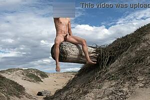 Nude posing and COCK TEASING at public beach, CUMMING in the plaza.