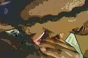 Watch this ebony babe get a dildo and tongue tag team on her wet pussy.