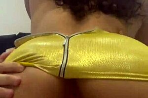 Curly brunette provokes young guy dancing funk in mini skirt no panties, he eats her pussy until cumming inside!