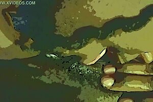 Watch this ebony babe get a dildo and tongue tag team on her wet pussy.