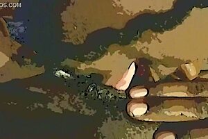 Watch this ebony babe get a dildo and tongue tag team on her wet pussy.