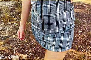 Milf wife flashes shaved pussy in upskirt voyeur scene.