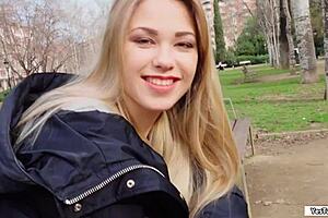 Russian babe sucks dick for cash in public outdoor pov.