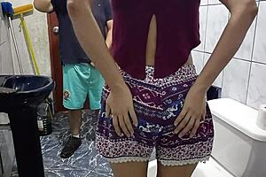 Pretty latina with small tits gets spied on in bathroom, pulls out cock, and fucks tight pussy