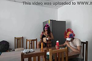 Housemaid sensually gropes body and flirts with dildo feeding blind man