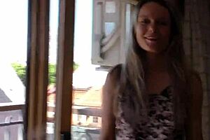 Sexy young 18+ sarah squirting and masturbating on my balcony with glass dildo first time female ejaculation fingering orgasm nervous tits