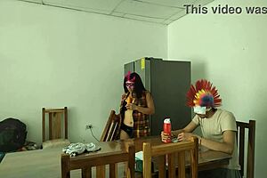 Housemaid sensually gropes body and flirts with dildo feeding blind man