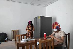 Housemaid sensually gropes body and flirts with dildo feeding blind man