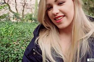 Russian babe sucks dick for cash in public outdoor pov.