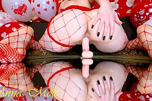 anna mole brings a juicy gift, riding dildo on mirror for lovers day.