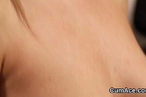 sexy centerfold gets cumshot on her face eating all the load