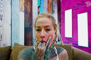 Solo play with XL dildo in fishnets and heels.