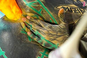 Solo play with XL dildo in fishnets and heels.