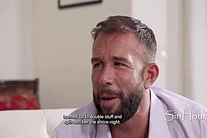 couple roughly spitroasts heartbroken blonde with strapon and double penetration, kissing and spitting