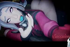 Animated character mai gets carried and fucked by nemia while haruka sucks mask dildo from behind