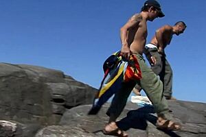 intriguing double penetration in outdoor location with curvy blonde wearing stockings and heels