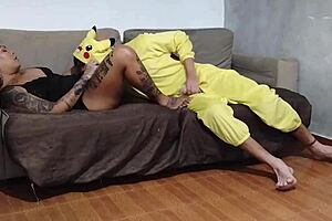 Caught Nerdy Pikachu Cosplayer Masturbating in Living Room