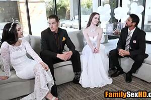 Passionate lesbian brides in intense foursome fucking