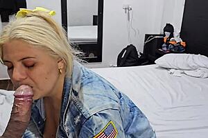 Beautiful golden-haired blonde makes my cock grow with her mouth, sucking and licking it passionately