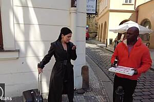 A big butt Italian woman is intensely gangbanged by big black cocks in this group scene.