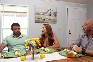 Milf seduces big cock guy while husband clueless on work call