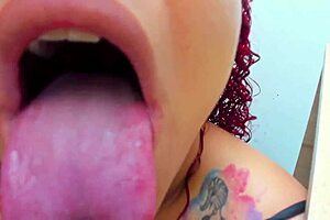 The petite pornstar is deep throating the monster cock, and he shoots cum deep in her throat