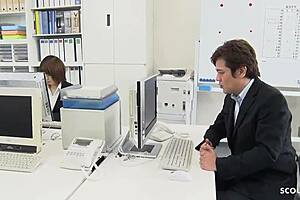 japanese secretary in pantyhose with big natural saggy tits seduce to fuck by co-worker in office at uncensored jav