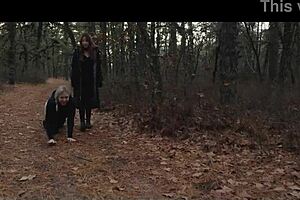 Two sick perverts take bubble butt milf for a crawl into the woods?