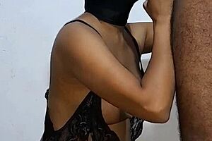 black babe sucks dick, pulls cum with two mouths