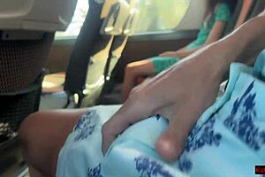 Public dick flashing in the bus - pervert jerks off on girl and she grabs his cock