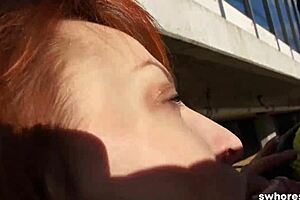 Amateur redhead street whore loves outdoor cock sucking 😍