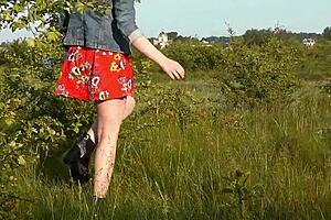 beautiful brunette flashes ass and hairy pussy outdoors