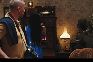 French brunette with huge fake tits gets nipples sucked then face fucked and cum in mouth while bound