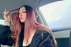 Italian long hair big tits milf artemisia love cigarette smoking in the car and showing her nipple