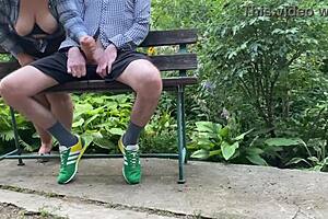 Mature cougar with saggy tits flashes outdoors