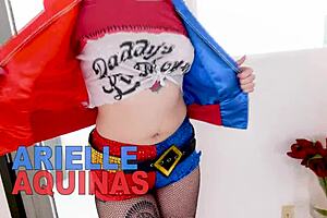 Arielle aquinas as sexy harley quinn look-a-like performs huge cock blowjob and cum swallow with fleshlight