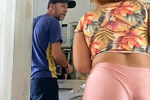 Married woman flashes with husband nearby in exhibitionist moment.