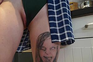 Quickie with hot tattooed neighbor in the kitchen, bending over for rough doggystyle fucking and cum.