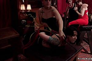 bent over wooden sub toyed in rough bondage session