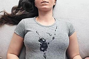 Suggestive cumshot lands on gray t-shirt