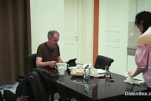 teen seduces and fucks stepdad in the kitchen, fingering and oral.