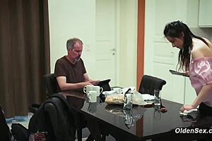 teen seduces and fucks stepdad in the kitchen, fingering and oral.