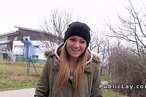 Brunette European Babe Sucks Big Cock Before Intense Outdoor POV Fucking with Monster Cock in Public.