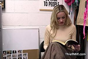 Blonde milf housewife kneels at work