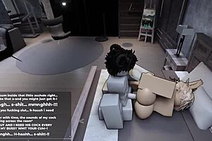 In Roblox, the player engages in an intense game session with a femboy character who begs for more challenges