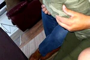 Intense passion builds as sexy wife engages in foreplay on the couch, her big tits heaving with desire