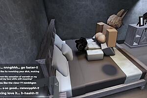 In Roblox, the player engages in an intense game session with a femboy character who begs for more challenges