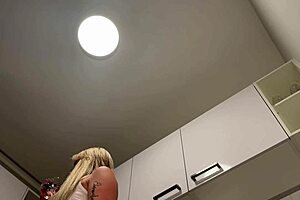 hot sexy natural big tits braless wife goes no panties in the kitchen